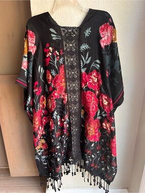 Woven Heart black floral colorful kimono lace back boho festival